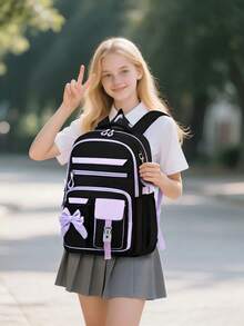 Teen Casual Bowknot Backpack, Fits 15.6 Inch Laptop, With Adjustable Shoulder Straps, Suitable For Daily Commute And School Use - PURPLE1 - View 9