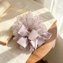 1PC Women's Double Layer Mesh Floral Scrunchie, Satin Bow Patchwork Design, Suitable For Thick Long Hair, Gentle French Coquette Sweet Style, Can Be Used For Daily Hair Styling, Commuting, Dating Afternoon Tea, Outdoor Travel Photography, Creating A Fairy-Like Atmosphere Hair Accessory - Multicolor - View 3