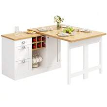 Mesa de bar multifuncional con almacenamiento, isla de cocina extensible con botellero y cajón, tiradores metálicos, mesa de cocina plegable giratoria 360°, carrito de servicio para apartamentos pequeños, blanco - Blanco - Ver 1