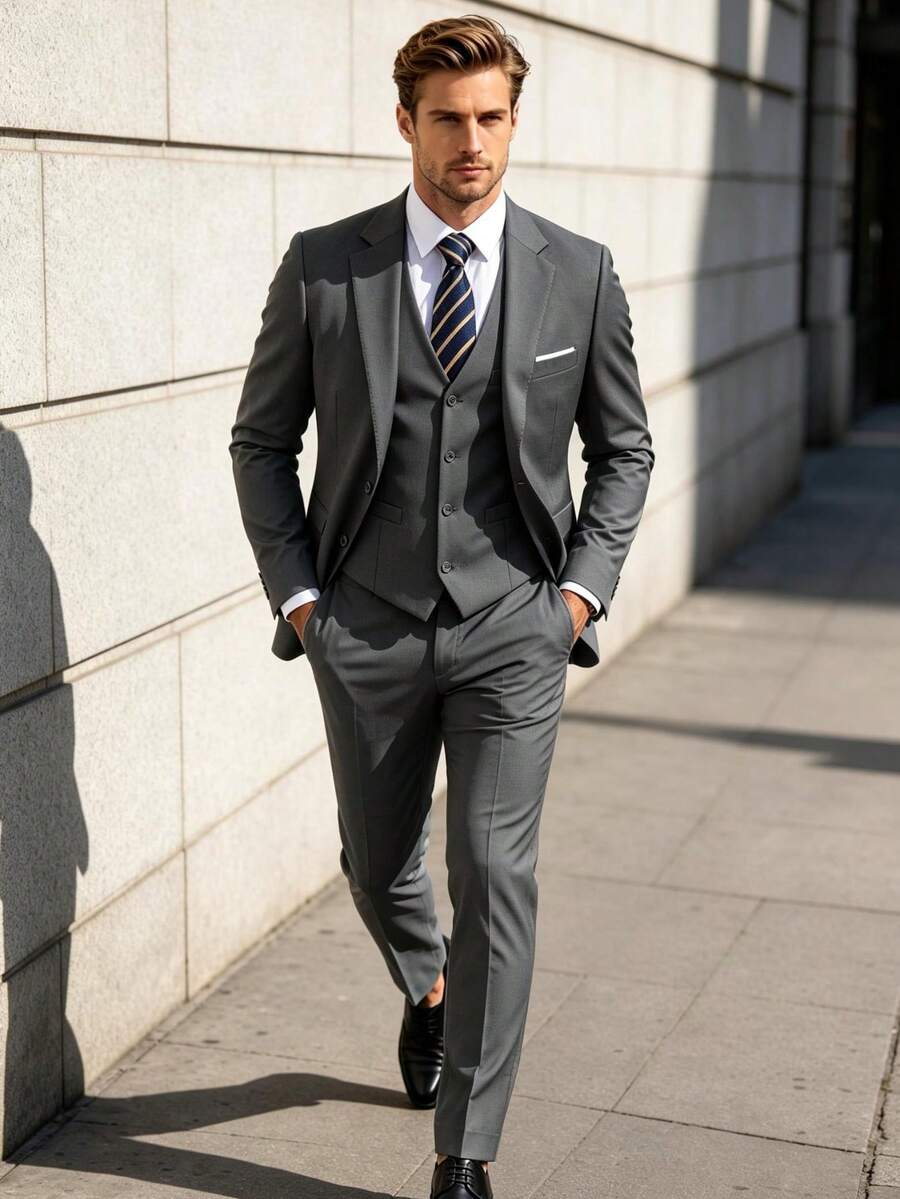 Men's 3-Piece Slim Fit Formal Suit Set, Single-Breasted 2-Button Blazer, V-Neck Vest, Dress Pants, Spring/Summer Business Wedding Suit