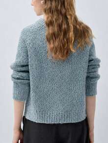 Women's Autumn/Winter Minimalist Casual New Colorblock Zip-Up Round Neck Knit Cardigan Sweater Jacket - Dusty Blue - View 3