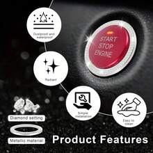 1 pieza de anillo decorativo para botón de arranque de un solo toque para coche, anillo de encendido de cristal con incrustaciones de diamantes de imitación de doble hilera, adhesivo para el interior del coche - A - Ver 8
