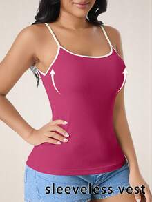CELILIN Top de tirantes finos de color bloque minimalista, camisola acanalada de estilo coreano, top de capa interior versátil y favorecedor de ajuste ceñido - Rosa Fucsia - Ver 4