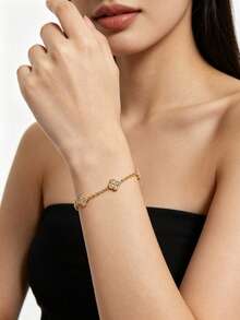 1pc Gold Four-Leaf Clover Bracelet, Geometric Crystal Inlaid Adjustable Chain, Fade-Resistant Stainless Steel Women's Jewelry - Golden  Bracelet - View 2