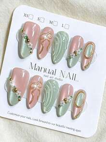 10pcs Pink Green Cat Eye Ombre Fake Nails With 3D Gold Bow, Small Flower Bead Inlay, Water Ripple Texture Press On Nails,Reusable Almond Shaped False Nails For Summer Wedding Daily Manicure - Multicolor - View 3