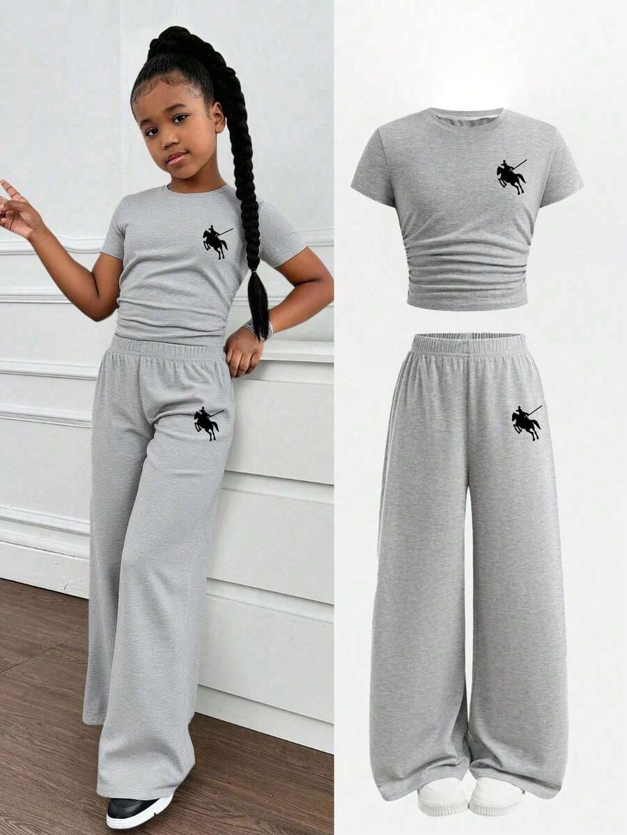Young Girl Cartoon Print Short Sleeve Top And Loose Pants Set - Grey - View 1