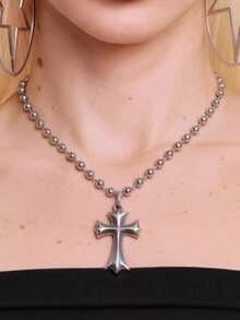 1pc Fashionable Punk Style Cross Pendant Necklace Suitable For Women's Daily, Party, Music Festival Wear - Silver - View 3