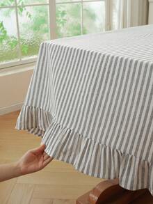1pc Japanese Style Fresh Solid Color Woven Coffee Strip Lotus Edge Square Tablecloth, Suitable For Small Garden, Natural Atmosphere, Outdoor Coffee Shop, Kitchen Bedroom All Season Dining Table Decor Fabric - Yarn-dyed Brown Striped Ruffles - View 5