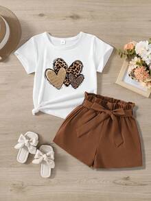 Young Girl Summer Casual Daily Leopard Print Heart Graphic Crew Neck Short Sleeve T-Shirt And Shorts - White - View 2