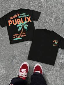 Florida Publix Graphic Tee, Streetwear Men's Black Pure Cotton  Short Sleeve T-Shirt, Fashion Summer,Mens Clothes,Graphic T,Vintage Polo Graphic Tees - 黑色 - 查看 1