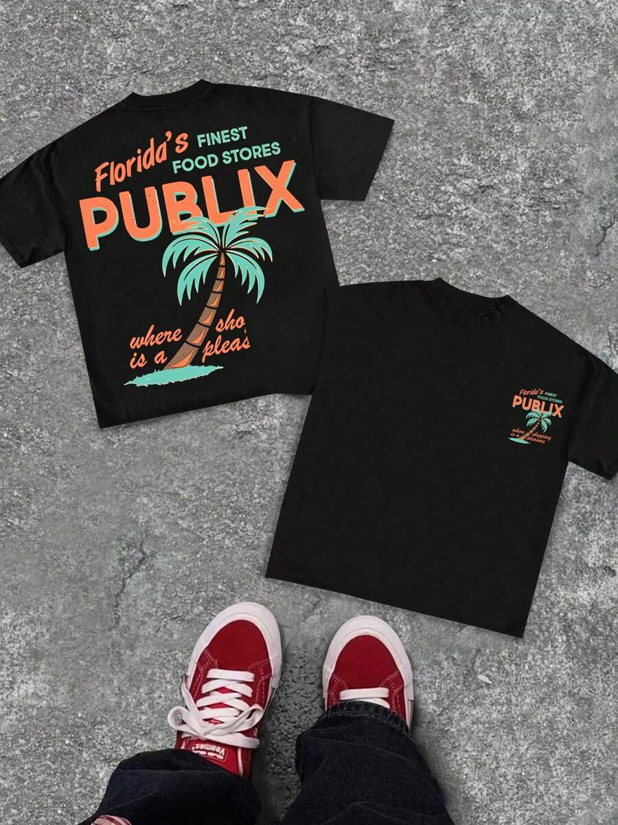 Florida Publix Graphic Tee, Streetwear Men's Black Pure Cotton Short Sleeve T-Shirt, Fashion Summer,Mens Clothes,Graphic T,Vintage Polo Graphic Tees - 黑色 - 查看 1