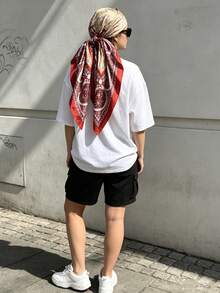 1pc Women's Thin Burgundy Vintage Print Silk Scarf Summer Beach Vacation Headband Bandana - Burgundy - View 4