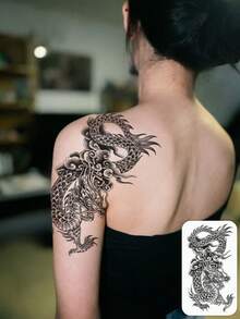 1 pieza Tatuaje de estilo Y2K con dragón, nubes auspiciosas, tatuaje de tótem de dragón, pegatina de tatuaje temporal, resistente al agua y al sudor, lavable, sin efecto reflectante, simula el efecto de tatuaje en brazos, piernas, hombros, pecho, espalda, adecuado para personas a la moda, dura de 3 a 5 días - Negro - Ver 5