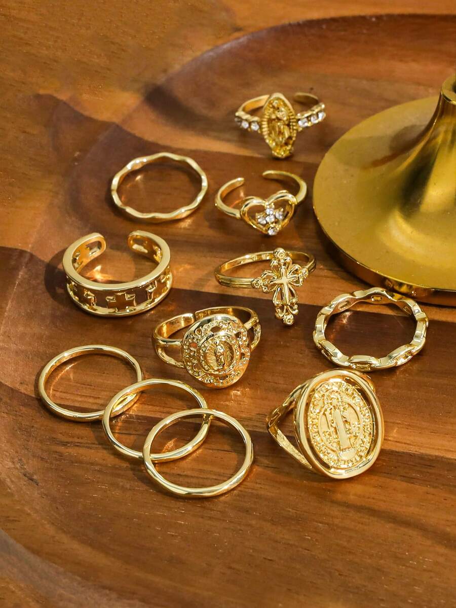 11 piezas Anillos de cruz religiosa vintage, diseño de nicho con corazón de strass, set de múltiples piezas de anillos apilables, joyería de mano versátil de estilo hip-hop para mujer - Dorado - Ver 1