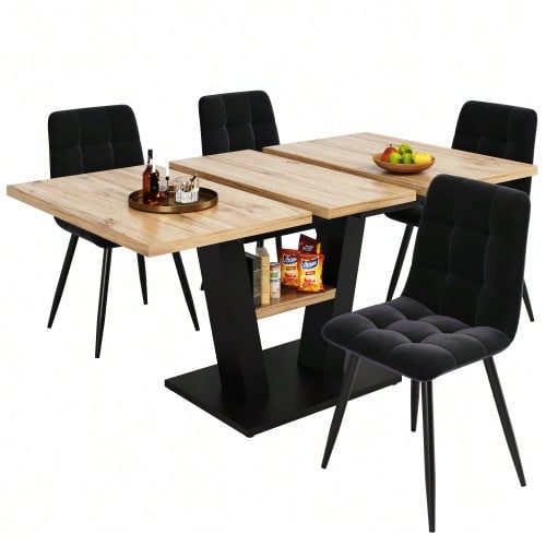 Dining Table Set (5 Pieces), Extendable Dining Table Set, 118–157 X 70 Cm Dining Table With 4 Chairs, For Kitchen And Living Room, Including Dining Chairs, Extendable Dining Table With V-Legs, Dining Room Set