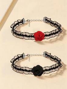 1pc Women's Vintage Fashion Elastic Mesh Wavy Rose Flower Choker Necklace Gothic Collarbone Chain Necklace - Multicolor - View 1