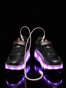 BLSART New Kids 4-Wheel Retractable LED Light-Up Rechargeable Hidden Wheel Colorblock Leather Hook & Loop Roller Skate Shoes, Unisex Daily Commute Flashing Sports Shoes - Black - View 8