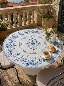 1pc Chinese Style Blue Floral Round Elastic Tablecloth, Minimalist Elegant Polyester Fitted Table Cover With Blue And White Porcelain Peony Print, Suitable For Dining Room, Kitchen, Patio, Autumn Decor, Wedding Decor, Room Decor And Home Decor - Multicolor - View 1