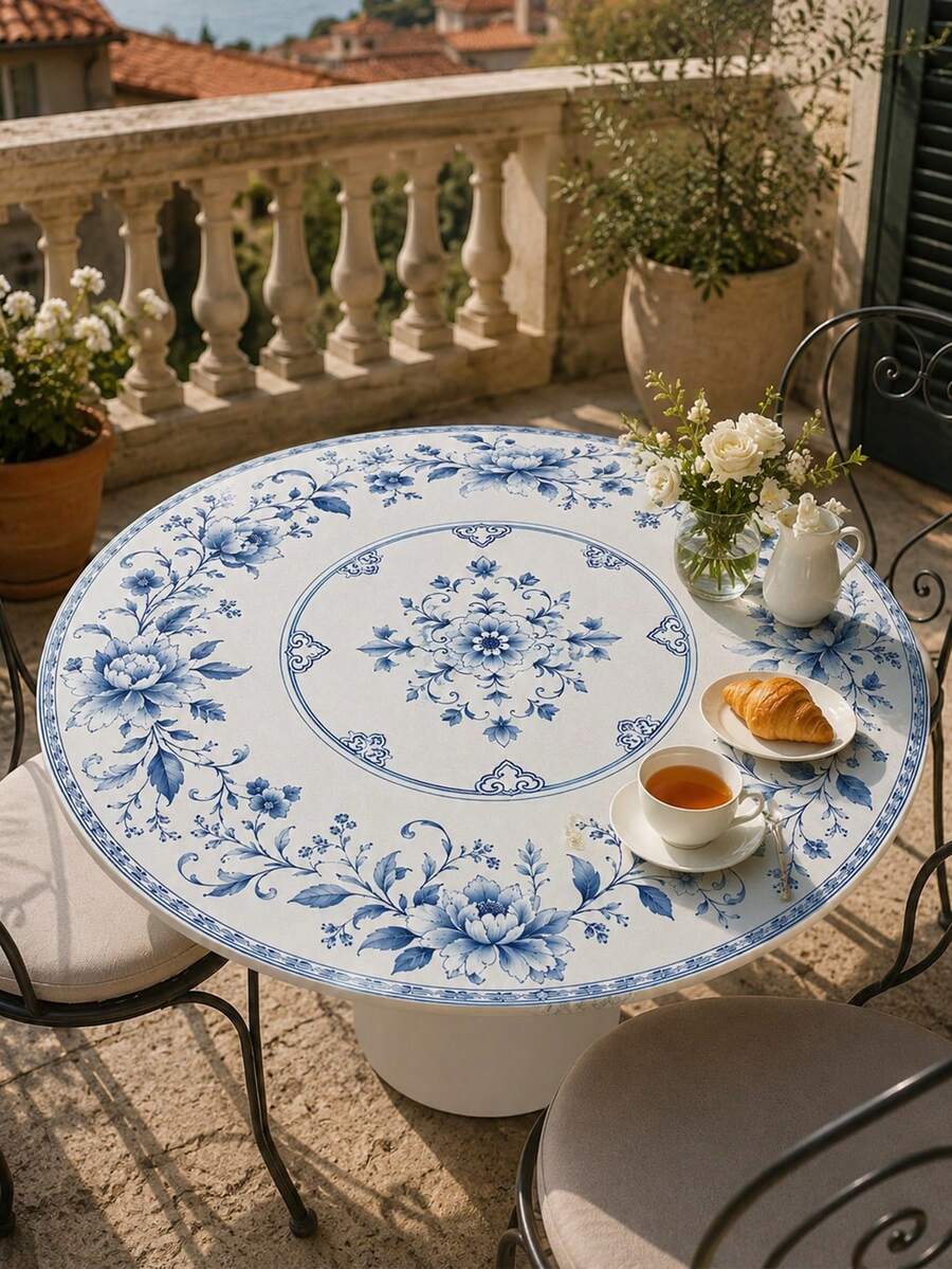 1pc Chinese Style Blue Floral Round Elastic Tablecloth, Minimalist Elegant Polyester Fitted Table Cover With Blue And White Porcelain Peony Print, Suitable For Dining Room, Kitchen, Patio, Autumn Decor, Wedding Decor, Room Decor And Home Decor - Multicolor - View 1