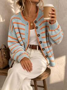 Women's Round Neck Single-Breasted Contrast Stripe Lantern Sleeve Knit Cardigan, Loose Casual Fashion Versatile For Autumn/Winter, Retro Street Commute Style - Baby Blue - View 4