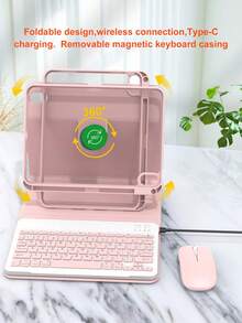 Set Keyboard dan Mouse Putar 360°, Kompatibel dengan iPad A16 Generasi ke-11/10/9/8/7/6/5, Air 10.9/11/10.5/9.7 Inci dan Pro 11 (1/2/3/4), Slot Pena Terintegrasi, Keyboard Nirkabel yang Dapat Dilepas (Baterai 150mAh), Casing Pelindung Kulit PU - Merah Muda - Paket Keyboard Putar 360 Derajat Warna Pink + Casing Pelindung + Mouse - View 7