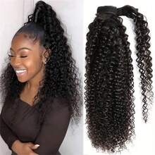 Deep Wave Ponytail 16-26 Inches Machine Made Magic Wrap Around Clip In Ponytail Black Remy Curly Brazilian Human Hair Extensions - Natural Black - View 2