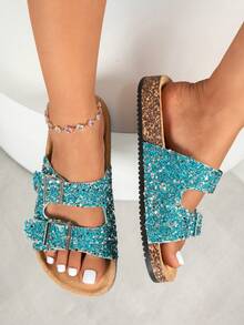 Sandalias de plataforma de corcho con strass y doble hebilla de punta abierta para mujer - Azul Cadete - Ver 6