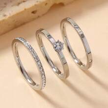 3er Set Edelstahl Silber Sternenhimmel Strass Ring, Exquisite Paar Diamantringe - Silber - Übersicht 6