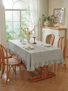 1pc Japanese Style Fresh Solid Color Woven Coffee Strip Lotus Edge Square Tablecloth, Suitable For Small Garden, Natural Atmosphere, Outdoor Coffee Shop, Kitchen Bedroom All Season Dining Table Decor Fabric - Yarn-dyed Brown Striped Ruffles - View 1