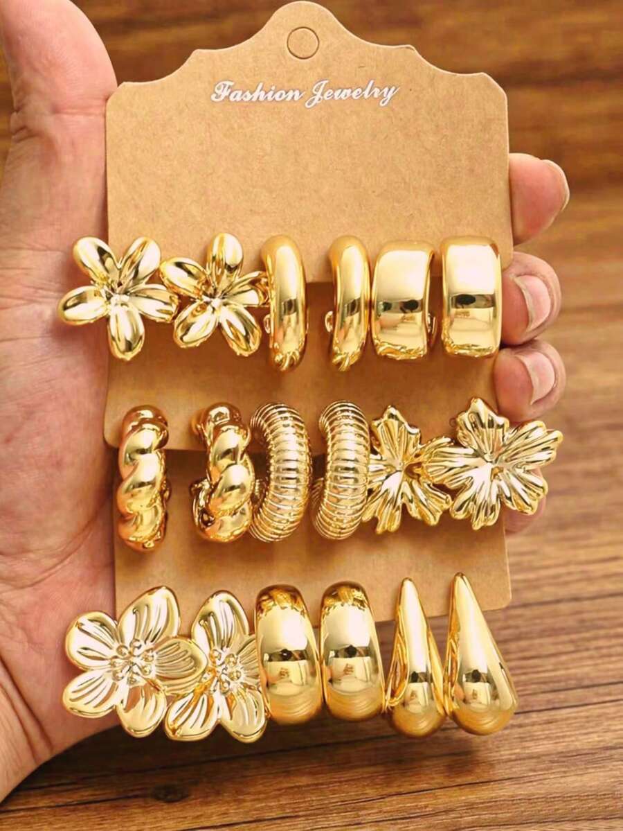 18pcs/6pcs Fashion Elegant Unique Flower C-Shaped Earrings Suitable For Women's Daily Wear, Dating, Party, Everyday Matching, Gold Earring Set - Gold - View 1