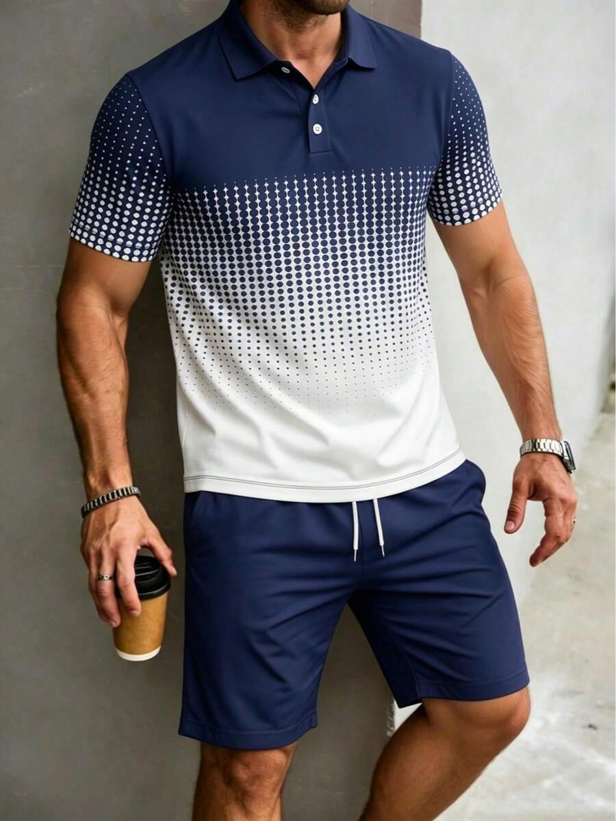 2pcs/Set Men Business Casual Color Block Striped Polo Shirt And Shorts, Suit - Multicolor - View 1