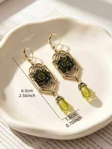 1 Pair Vintage Art Deco Style Green Crystal Pendant Earrings, Bohemian Metal Floral Rhinestone Frame Teardrop Dangle Earrings, Women's Retro Aesthetic Daily & Party Ear Accessories - Green - View 5