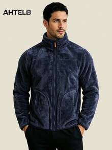 AHTELB Reversible Coral Fleece Double-Sided Fleece Jacket, Stand Collar Warm Zipper Jacket, Father's Sports Style - Navy Blue - View 1