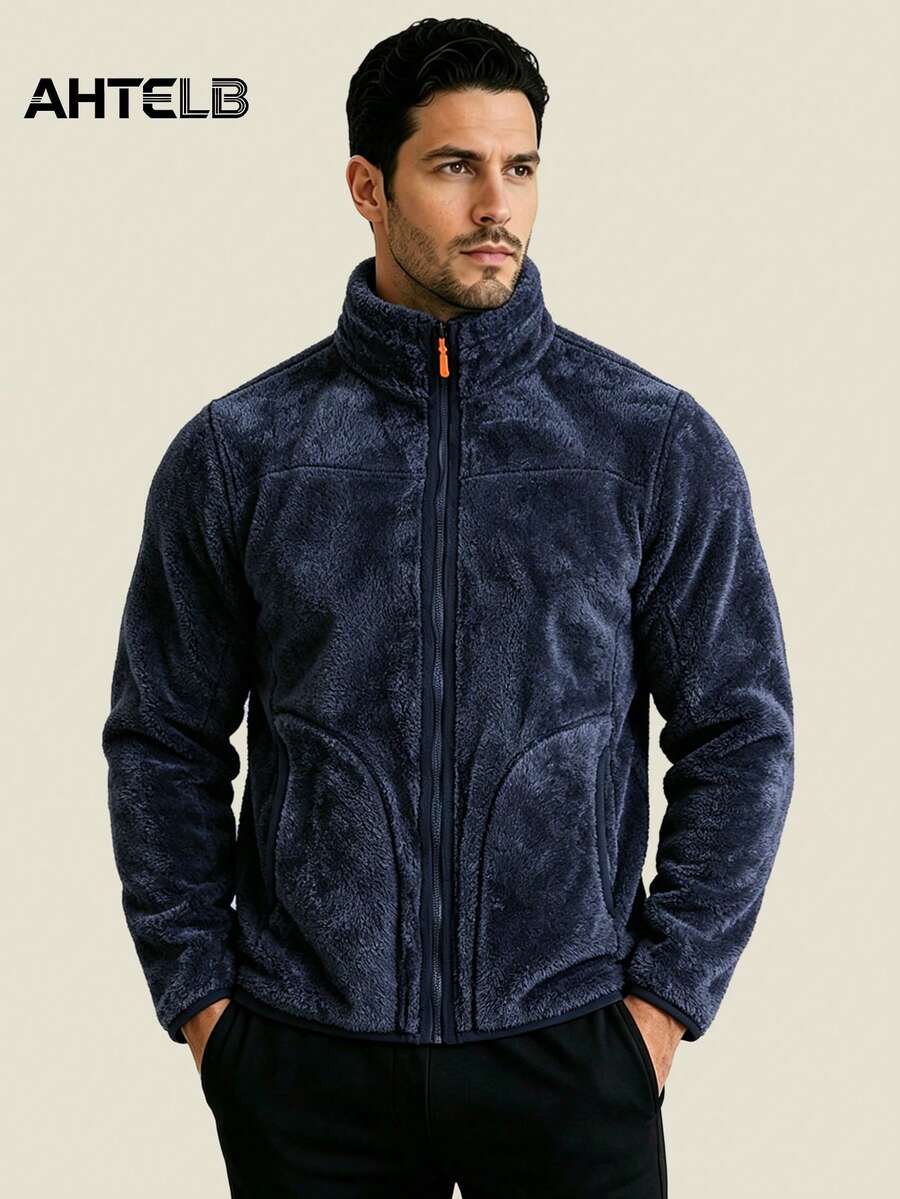 AHTELB Reversible Coral Fleece Double-Sided Fleece Jacket, Stand Collar Warm Zipper Jacket, Father's Sports Style - Navy Blue - View 1