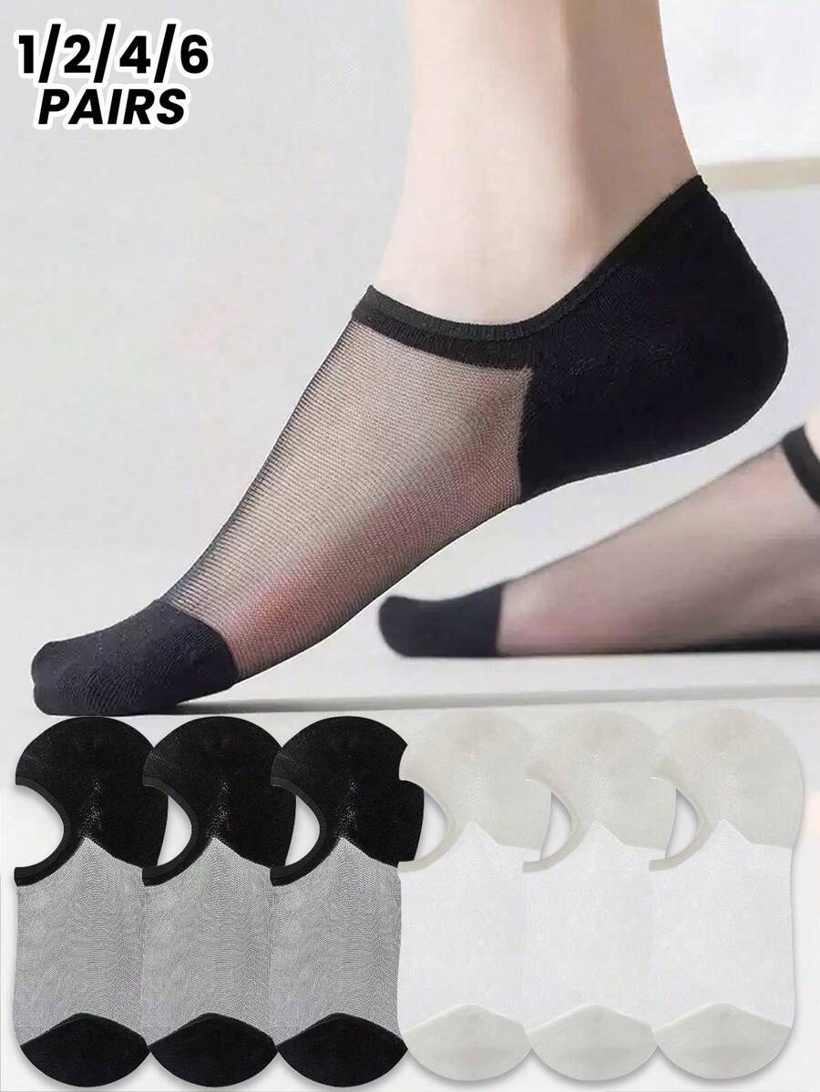 1/2/4/6 Pairs Ultra-Thin Crystal Silk Breathable Short Socks For Women, Summer Cool Hollow Out Low-Cut Anti-Slip No-Slip Heel Invisible Boat Socks - Multicolor - View 1