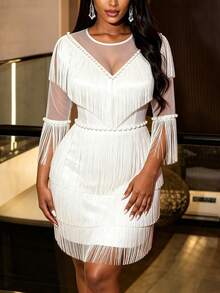 Women's Tassel Design Cocktail Party Dress - White - View 5