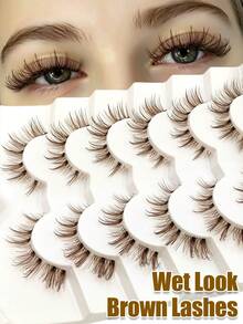 Sibeuna 6 Pairs Wet Glossy Brown Voluminous Dramatic False Eyelashes, Full Messy Charming Style, Transparent Band Reusable, Curly Thin Lash Extensions Makeup Tool - Comic wet eyelashes - View 1