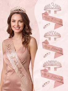 3rd To 100th Milestone Birthday Tiara & Sash Set With Pearl Brooch, Rose Gold Crystal Crown, Birthday Party Decorations Gift For Women & Girls - Multicolor - View 2