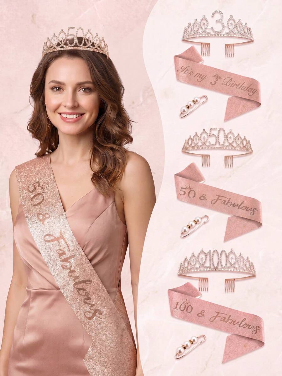 3rd To 100th Milestone Birthday Tiara & Sash Set With Pearl Brooch, Rose Gold Crystal Crown, Birthday Party Decorations Gift For Women & Girls