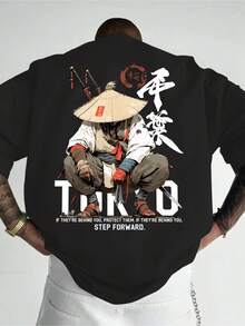 Men's Anime Pattern Printed Short Sleeve Shirt T Shirt,Printed With A Lonely Anime Warrior Pattern,Hand-Drawn Text Pattern - 黑色 - 查看 1
