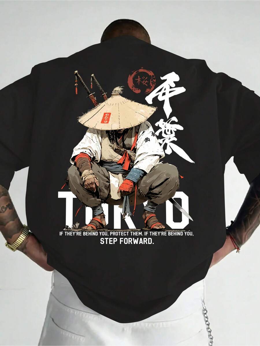 Men's Anime Pattern Printed Short Sleeve Shirt T Shirt,Printed With A Lonely Anime Warrior Pattern,Hand-Drawn Text Pattern - 黑色 - 查看 1