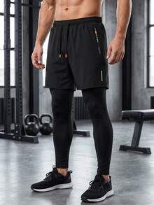 Men's 2-In-1 Spring/Autumn Football & Basketball Training Pants, Unique Print, Outdoor Running & Fitness, Drawstring Waist Sports Black - Black - View 1