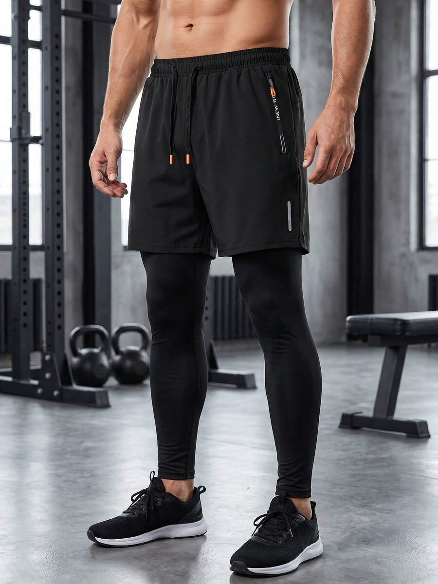 Men's 2-In-1 Spring/Autumn Football & Basketball Training Pants, Unique Print, Outdoor Running & Fitness, Drawstring Waist Sports Black - Black - View 1