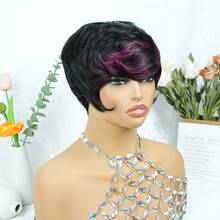 Natural Ombre 1B/27 Gradient Pixie Short Wig, Full Lace Human Hair Wig, 4 Inch Short Wig, Brazilian Remy Layered Wig, Short Pixie Wig, Human Hair Wig For Women, Burgundy 1B/99J Multicolor Lace Front Wig, Halloween And Christmas Costume - S1B/99J - 查看 3