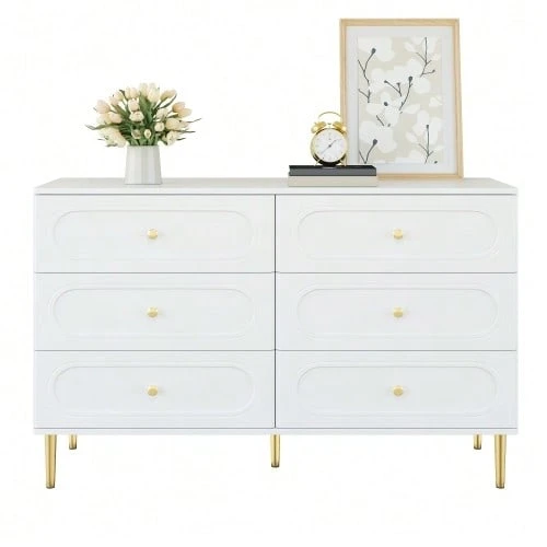 Sideboard, Chest Of Drawers With 6 Drawers, Oval Recesses, Metal Feet, Modern Storage Cabinet For The Living Room - 白色 - 查看 1