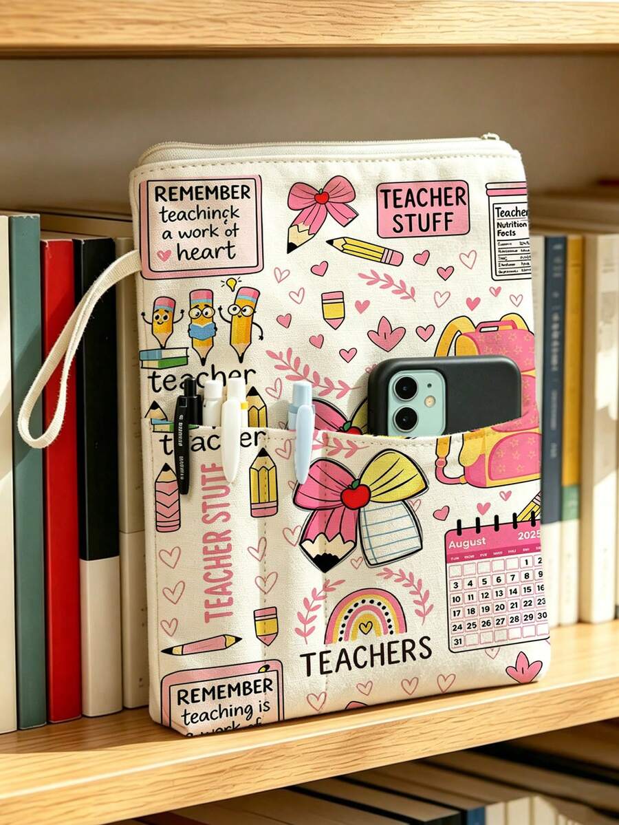 Bao sách họa tiết giáo viên có khóa kéo và nơ (11.02 x 8.66 inch) kèm tay cầm, dùng làm túi đựng sách hoặc bao bảo vệ máy đọc sách, thiết kế bảo vệ dày dặn, mềm xốp, phù hợp cho người yêu sách, quà tặng học sinh, dùng tại trường học, dịp lễ hoặc du lịch, đồ dùng thiết yếu tựu trường mùa khai giảng (cắt họa tiết ngẫu nhiên) - Nhiều màu - Xem 1