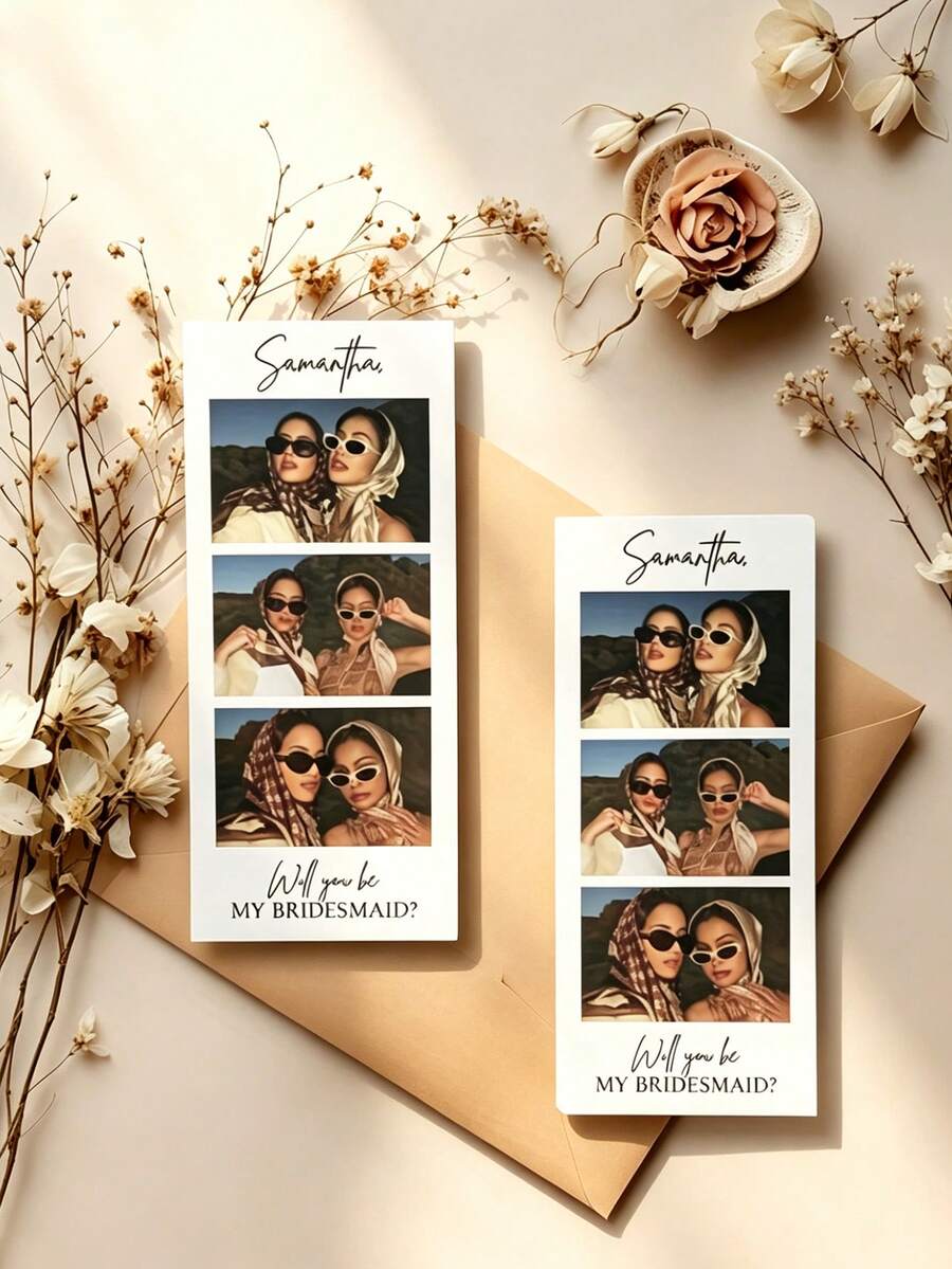 Kartu Undangan Bridesmaid Bergaya Foto yang Dapat Disesuaikan, Nama yang Dipersonalisasi, Desain Vertikal Putih Minimalis, Cocok Sebagai Kartu Hadiah untuk Mengundang Para Bridesmaid - MultiWarna - View 1