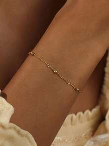 1pc Thin Chain Bracelet, Versatile All-Match Fine Bracelet Style With Scattered 3D Gold Bead Decor, Lazy European & American Luxury Elegant Style, Vintage Gold Color, Suitable For Yellow Skin Tone Women, Beach Vacation, Commute, Office, Date, Qixi Festival, New Year's Eve, Anniversary Gift Accessory - Bracelet - View 1