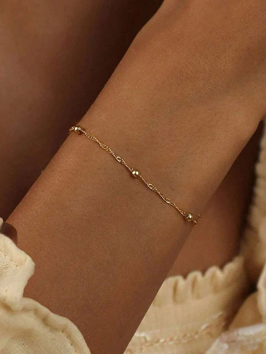 1pc Thin Chain Bracelet, Versatile All-Match Fine Bracelet Style With Scattered 3D Gold Bead Decor, Lazy European & American Luxury Elegant Style, Vintage Gold Color, Suitable For Yellow Skin Tone Women, Beach Vacation, Commute, Office, Date, Qixi Festival, New Year's Eve, Anniversary Gift Accessory - Bracelet - View 1