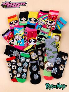 Warner Bros 6/12/20 Pairs Random Women's Socks Warner Series The Powerpuff Girls And Rick And Morty Collaboration Cute Cartoon Print Including Bubbles, Blossom, Buttercup, Funny Character Portraits, Lettering, Versatile, Comfortable, Fashionable Color-Block Design, Reinforced Toe And Heel, Durable, Suitable For All Seasons - Multicolor - View 1